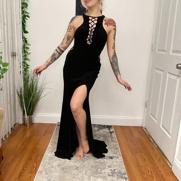 La Femme Very Stretch High Slit Cutout Maxi Dress Sleeveless Size 6 Black